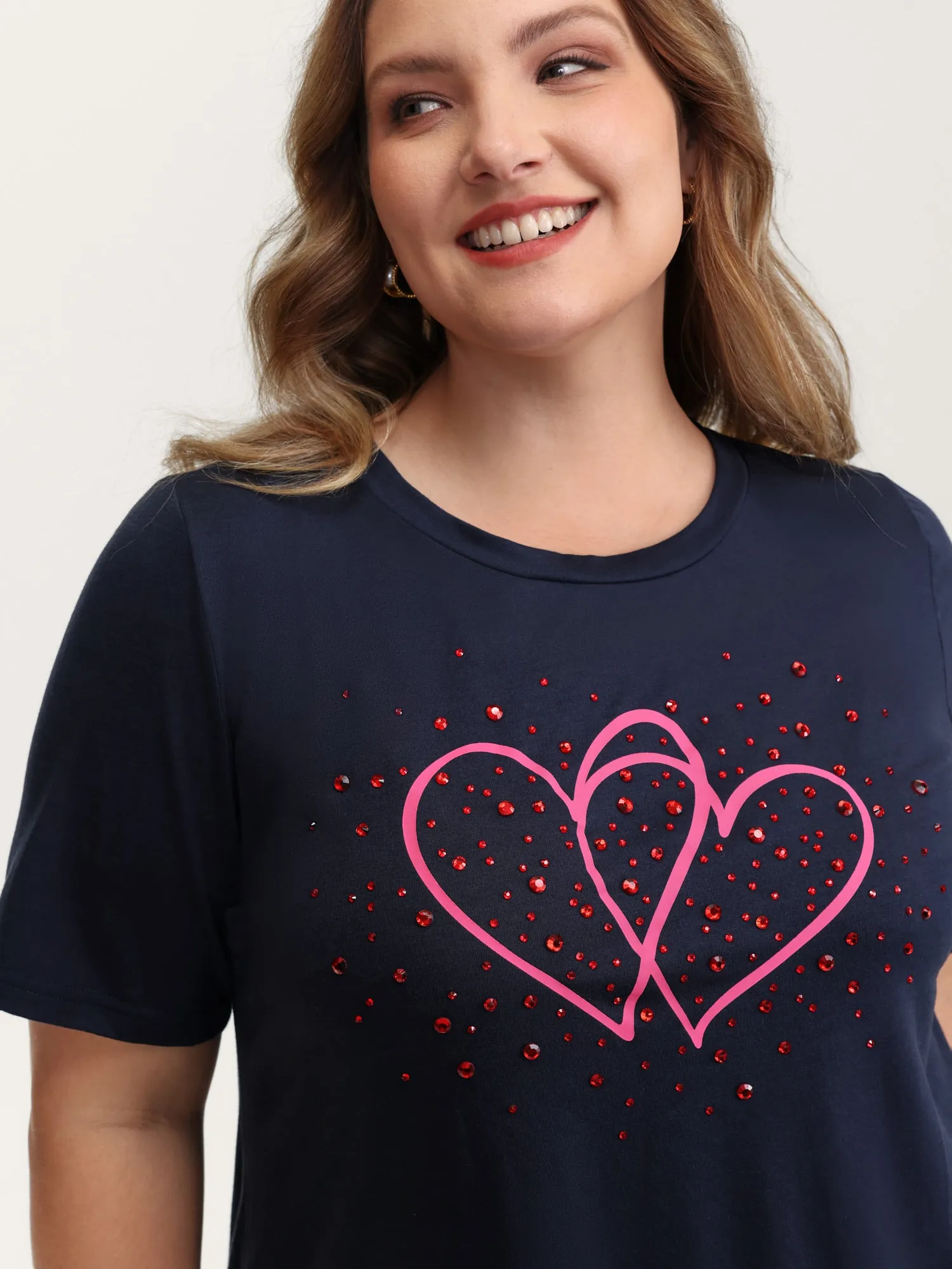 Heart Rhinestone Print Bowknot T-Shirt sold by Bloomchic