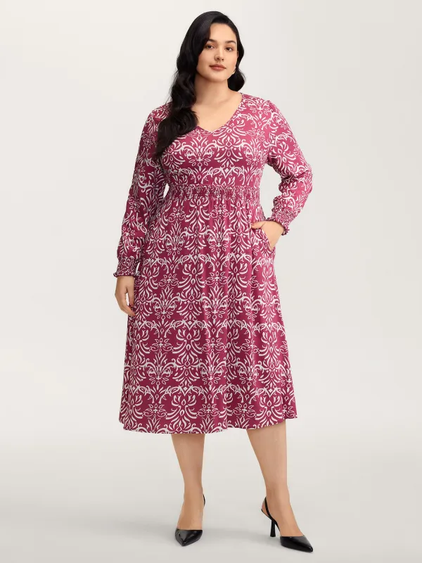 Abstract Pattern Shirred Waist Midi Dress sold by Bloomchic