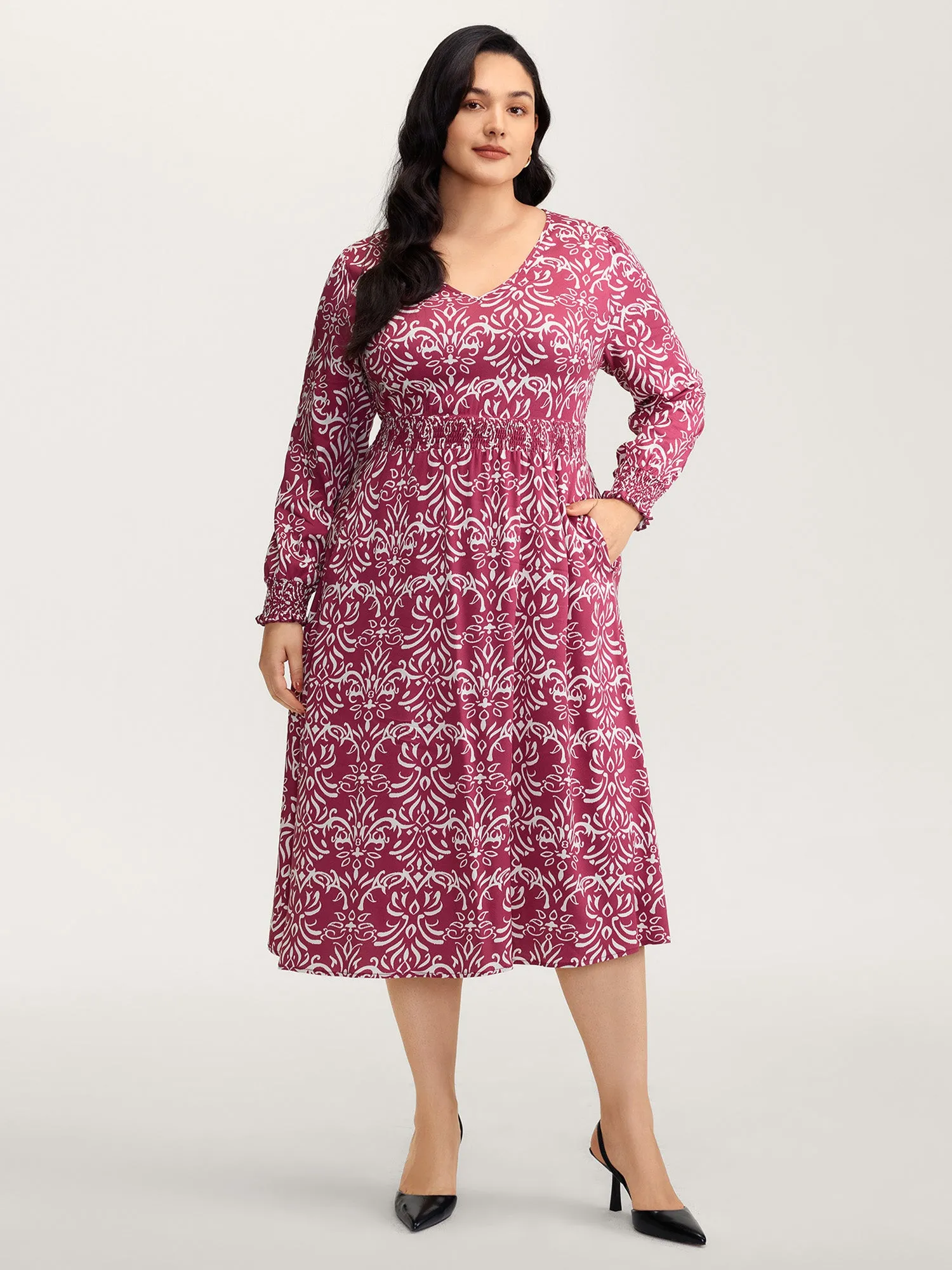 Abstract Pattern Shirred Waist Midi Dress sold by Bloomchic