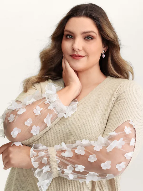 Floral Sheer Textured Sleeve V-Neck Sweatshirt sold by Bloomchic