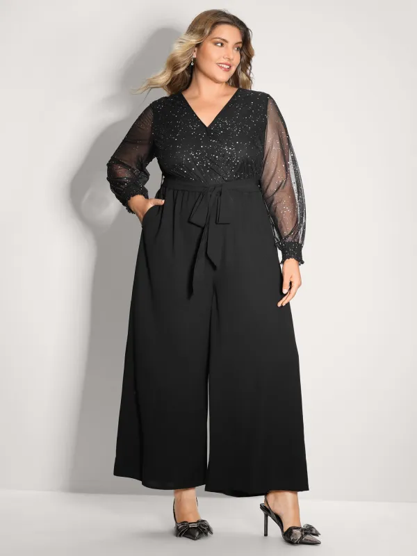 Shimmery Rhinestones Belted Waist Jumpsuit sold by Bloomchic