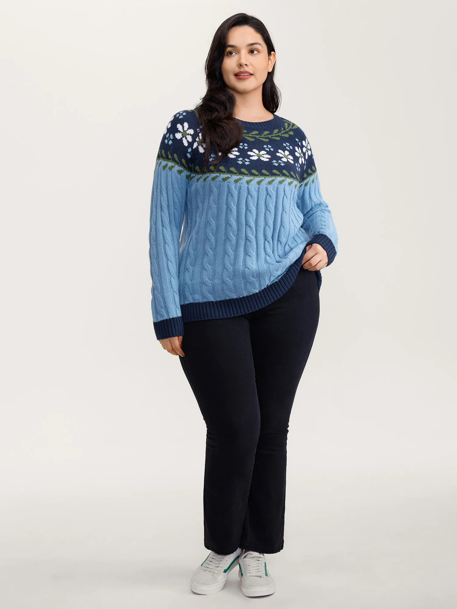 Cable Knit Jacquard Floral Contrast Pullover sold by Bloomchic product image thumbnail 3