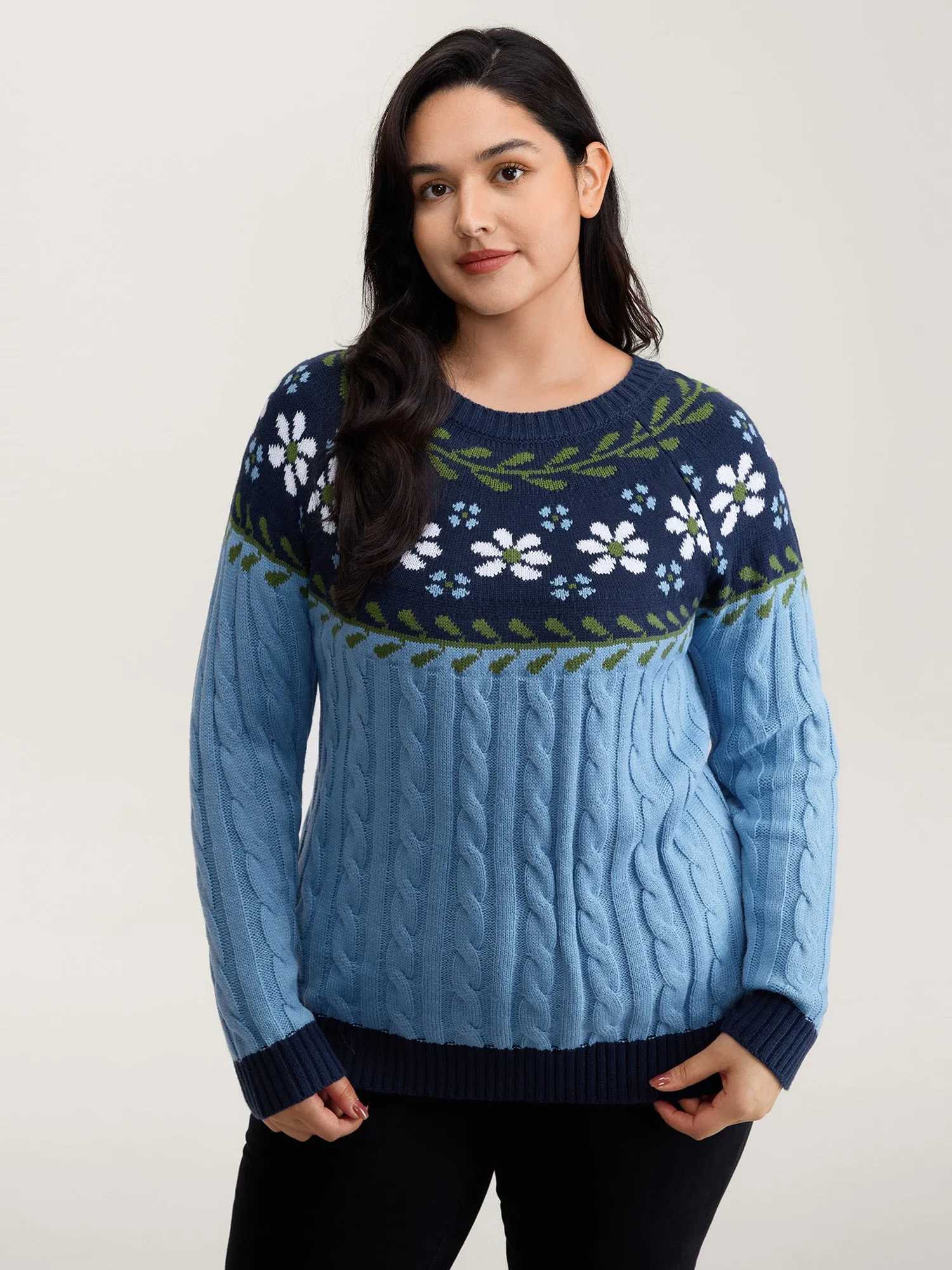 Cable Knit Jacquard Floral Contrast Pullover sold by Bloomchic