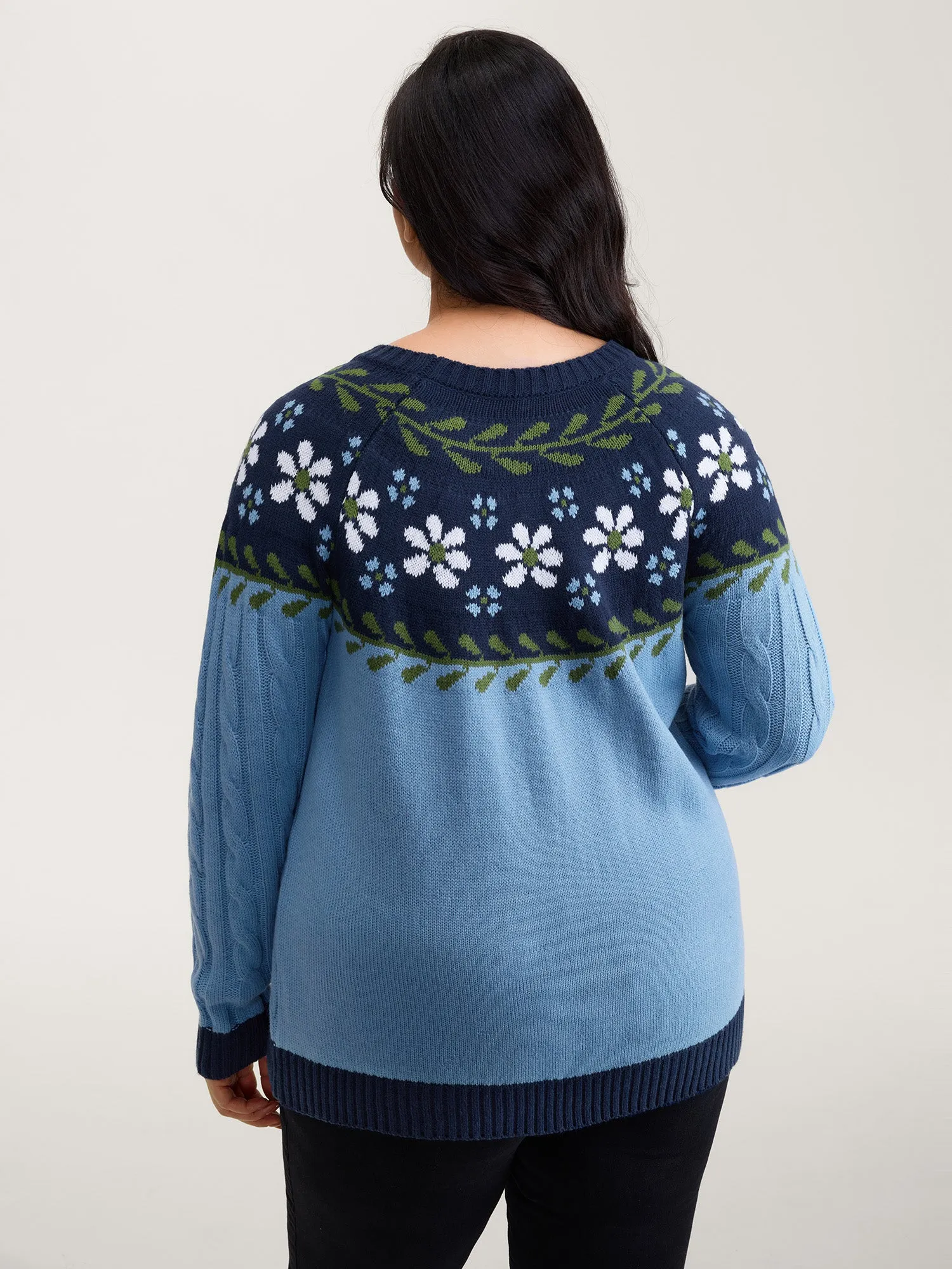 Cable Knit Jacquard Floral Contrast Pullover sold by Bloomchic product image thumbnail 4