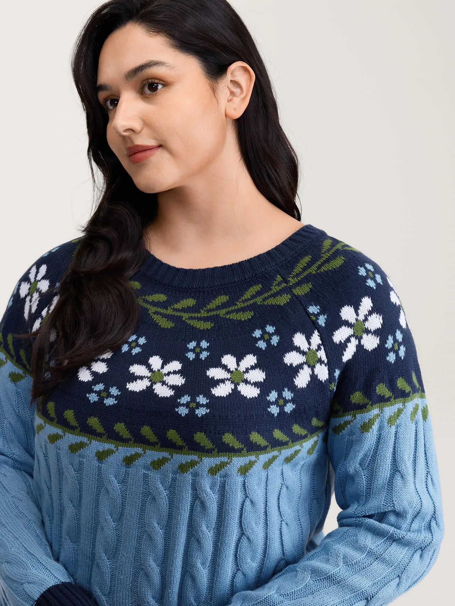 Cable Knit Jacquard Floral Contrast Pullover sold by Bloomchic product image thumbnail 2