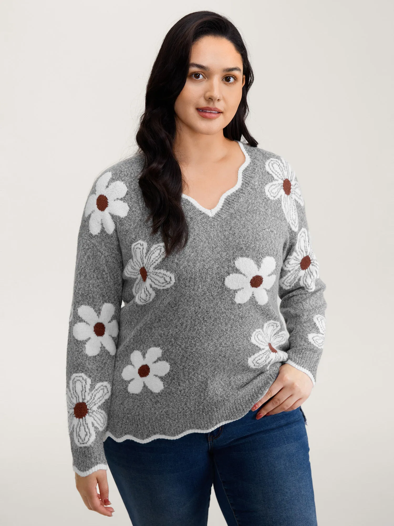 Floral Jacquard Wavy Edge Pullover sold by Bloomchic