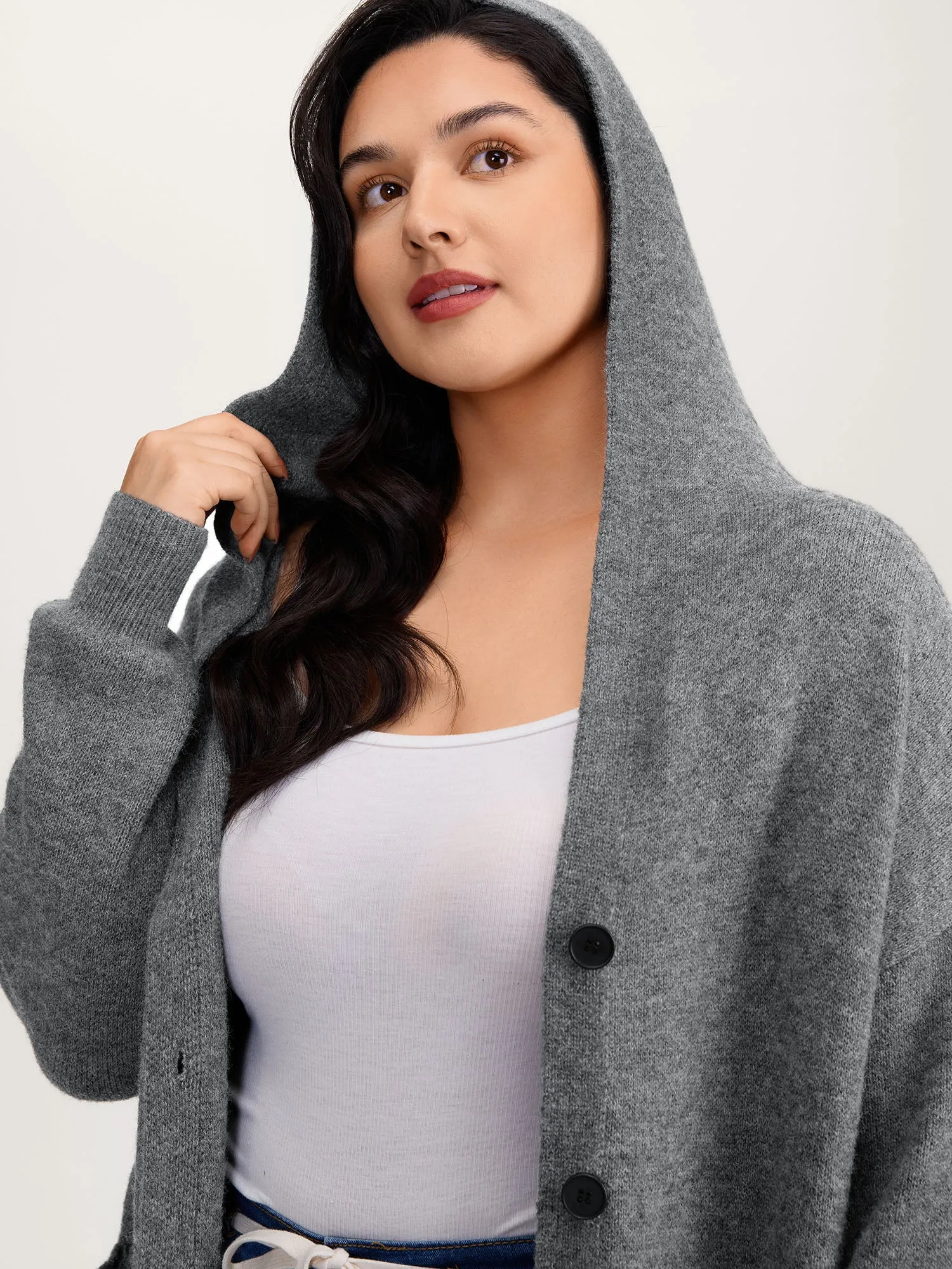 Hooded Button Slit Pockets Knit Cardigan sold by Bloomchic product image thumbnail 3