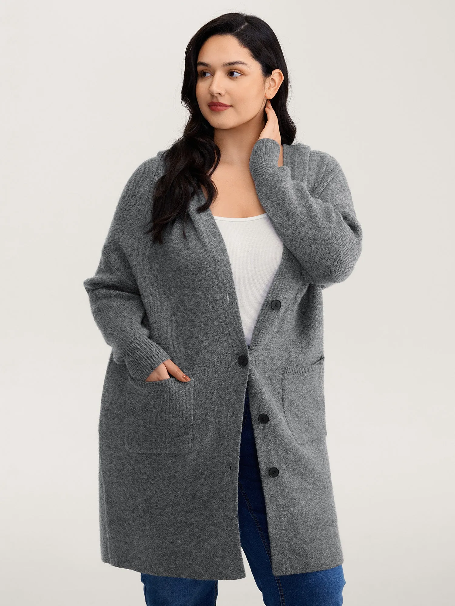 Hooded Button Slit Pockets Knit Cardigan sold by Bloomchic product image thumbnail 2