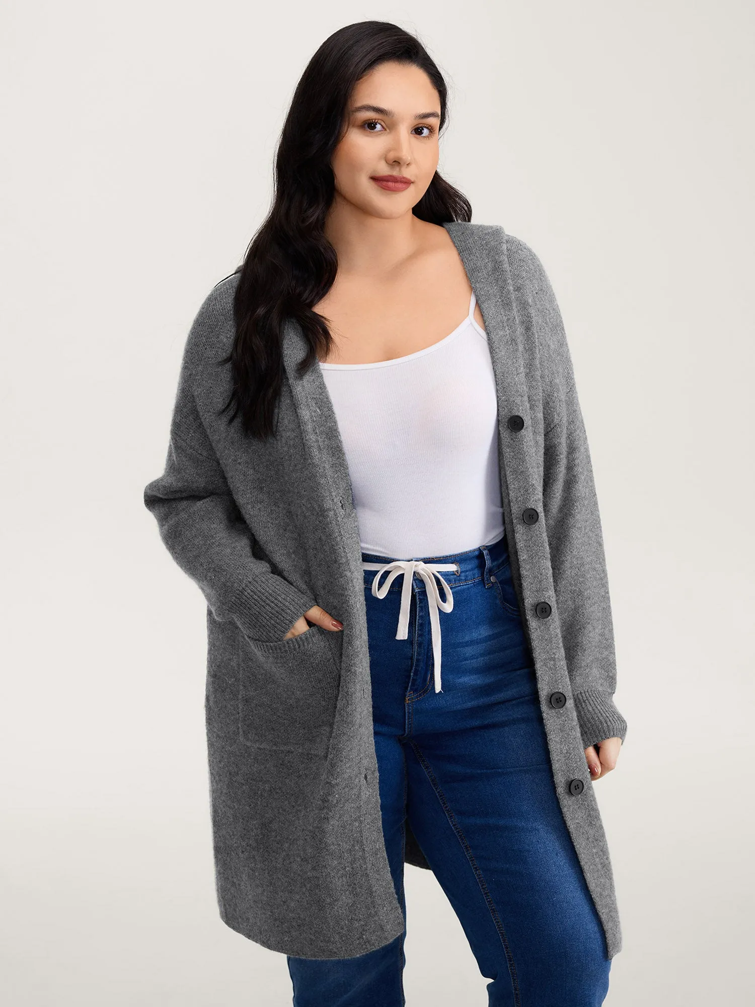 Hooded Button Slit Pockets Knit Cardigan sold by Bloomchic