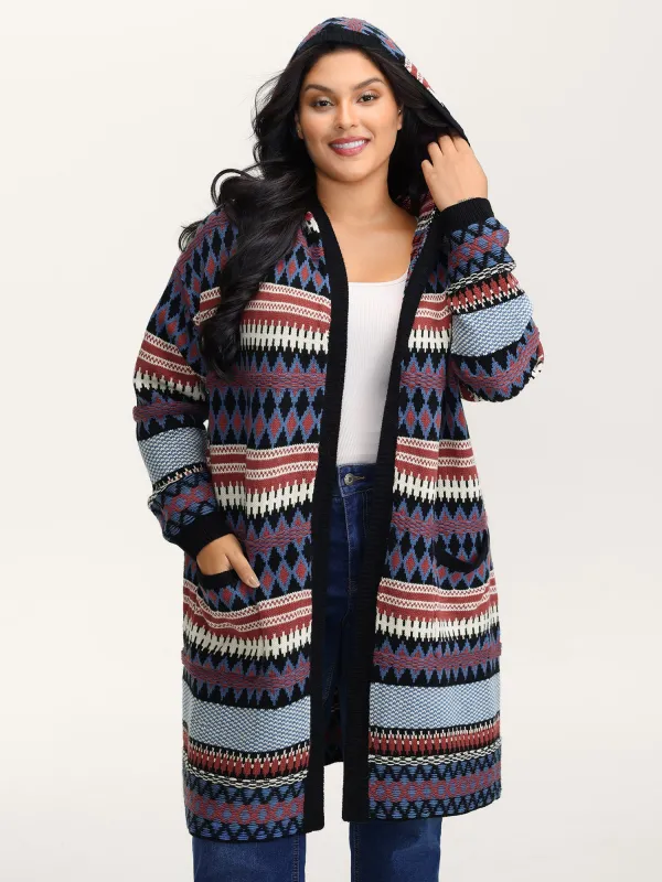 Boho Stripe Pockets Hooded Long Knit Cardigan sold by Bloomchic