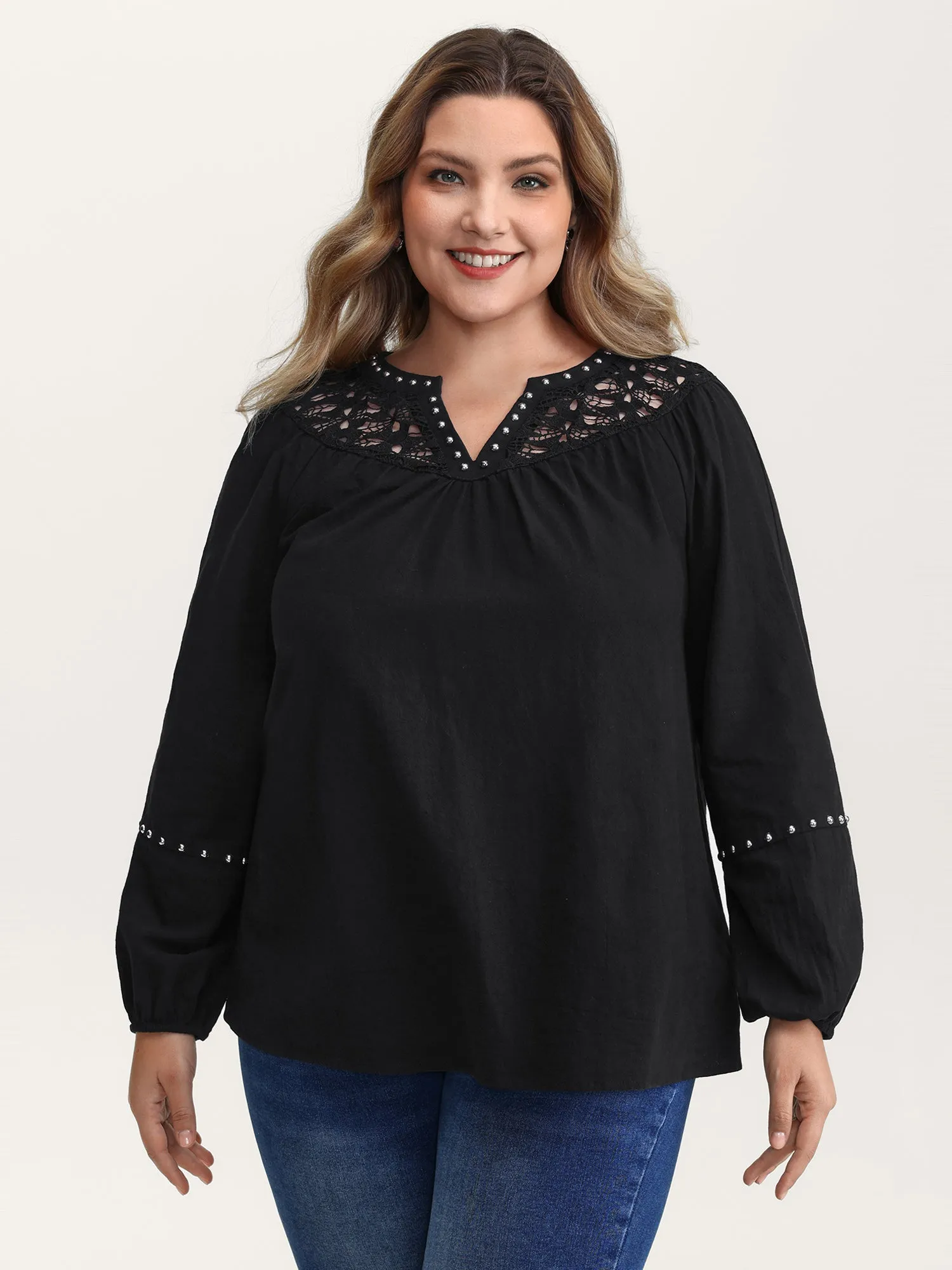 Lace Trim Rivets Cut-Out Blouse sold by Bloomchic