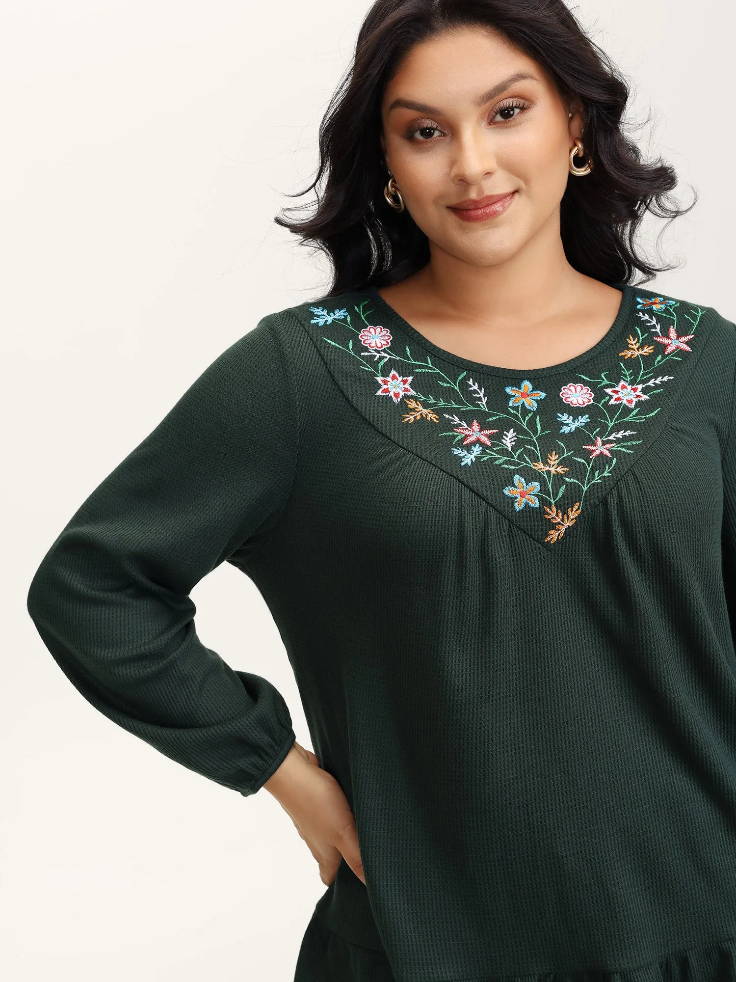 Embroidered Waffle Ruffled Hem Knit Top sold by Bloomchic product image thumbnail 2