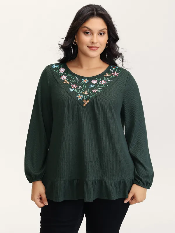 Embroidered Waffle Ruffled Hem Knit Top sold by Bloomchic