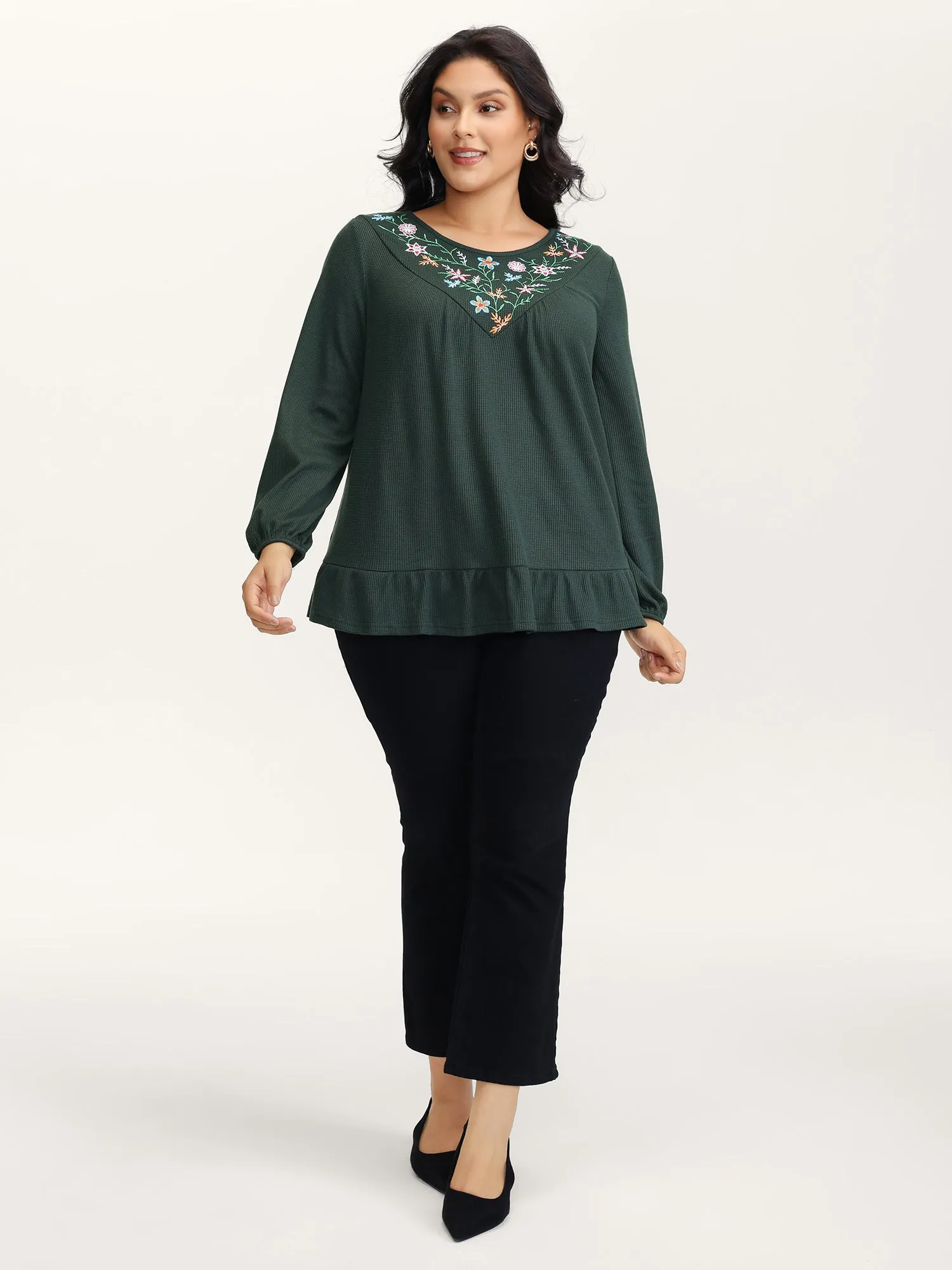 Embroidered Waffle Ruffled Hem Knit Top sold by Bloomchic product image thumbnail 3