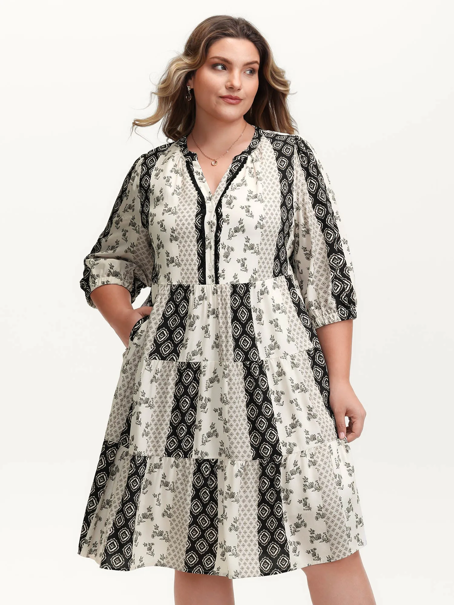 Colorblock Collage Print Tiered Midi Dress sold by Bloomchic