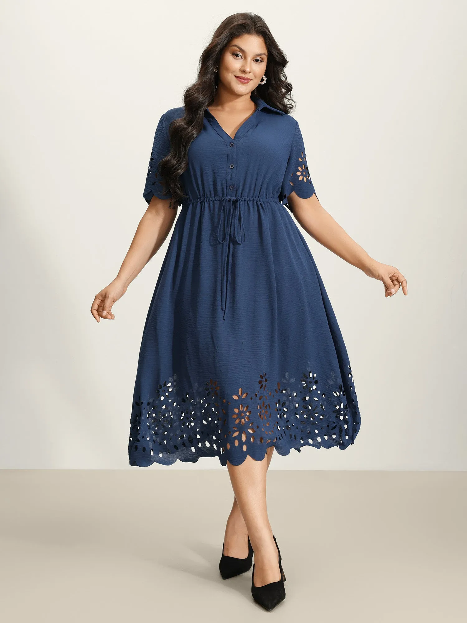 Laser Cut Scalloped Hem Waist-Tie Midi Dress sold by Bloomchic product image thumbnail 3