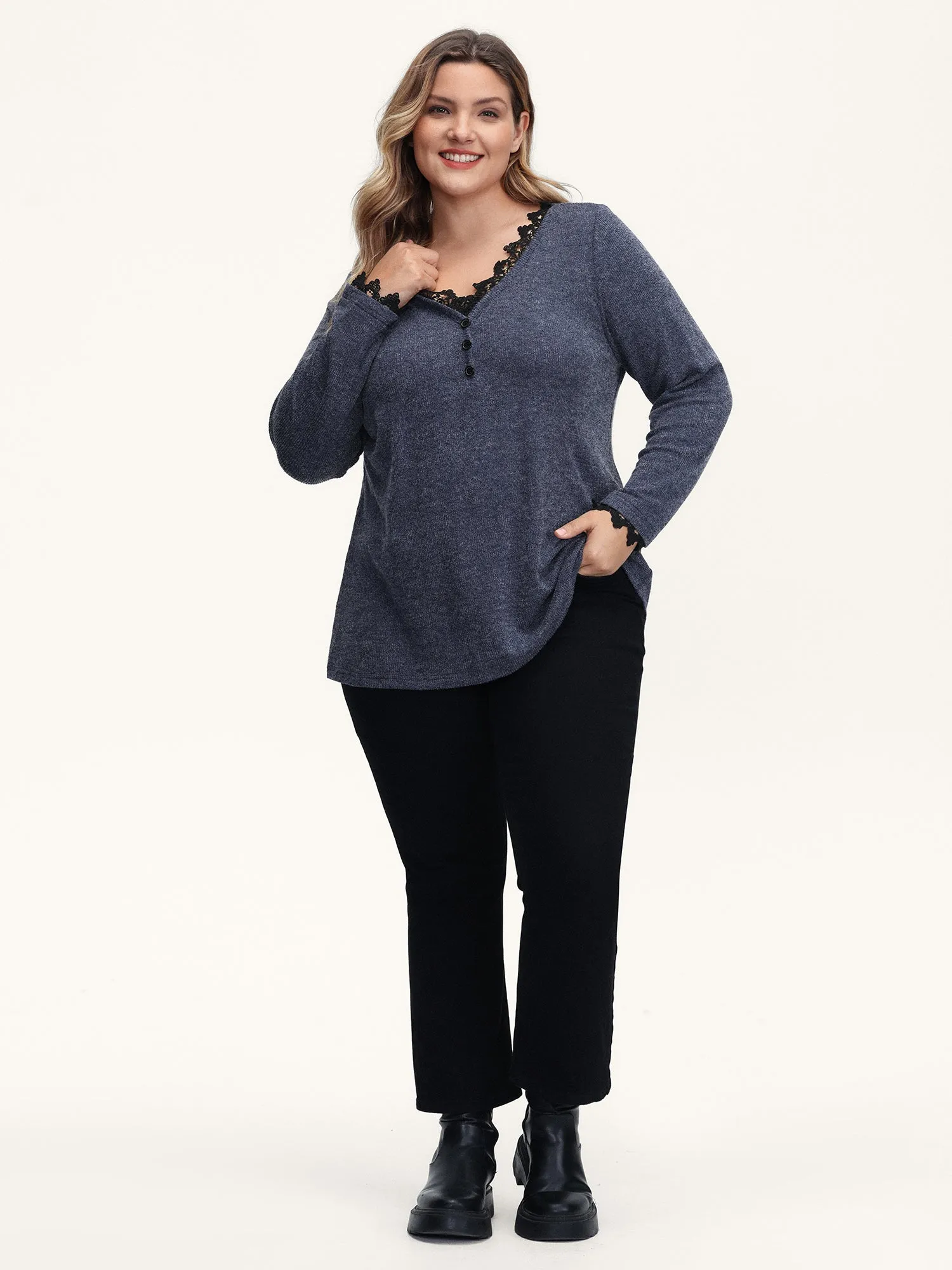 Lace V-Neckline Solid T-Shirt sold by Bloomchic product image thumbnail 3
