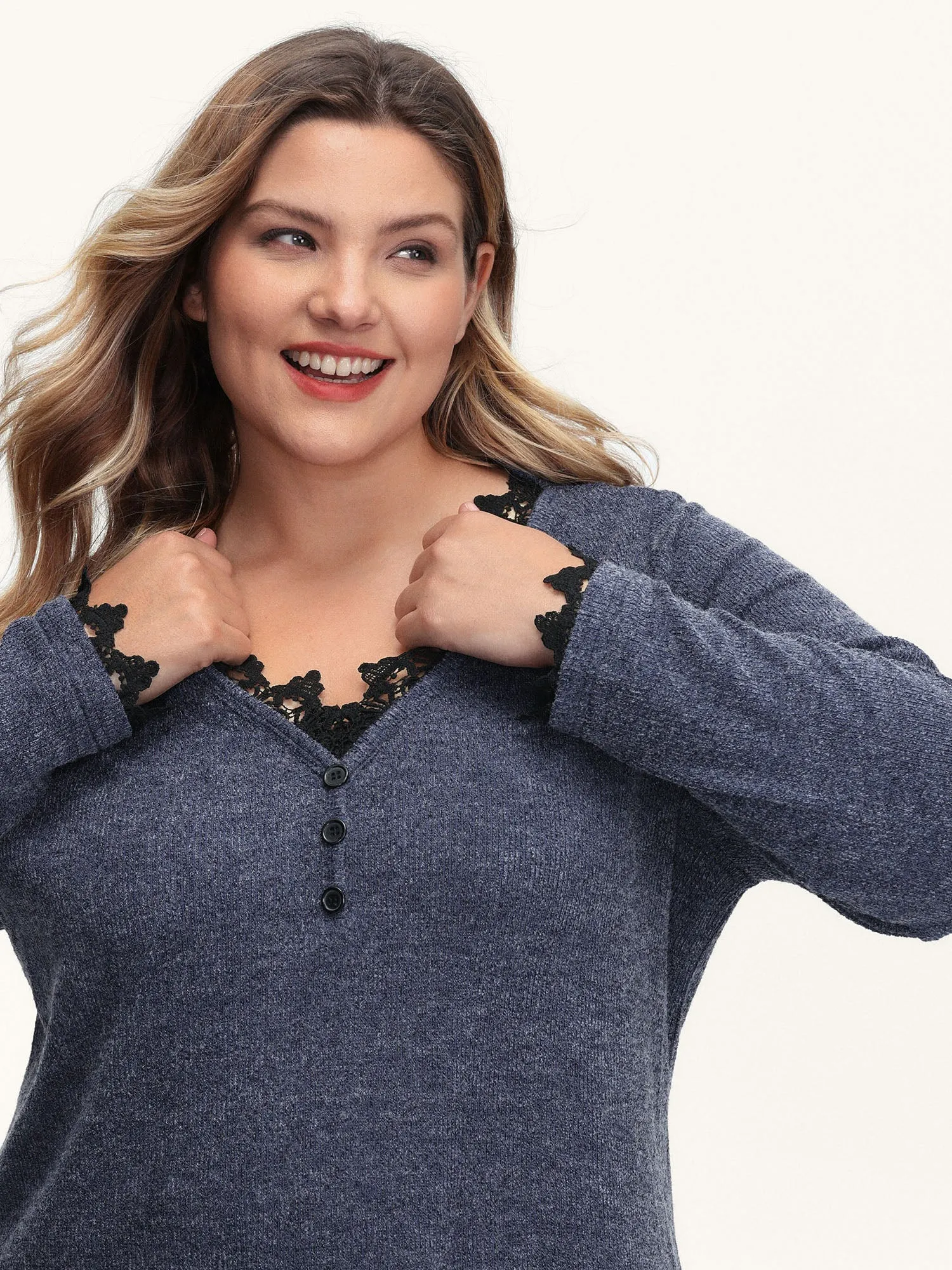 Lace V-Neckline Solid T-Shirt sold by Bloomchic product image thumbnail 2