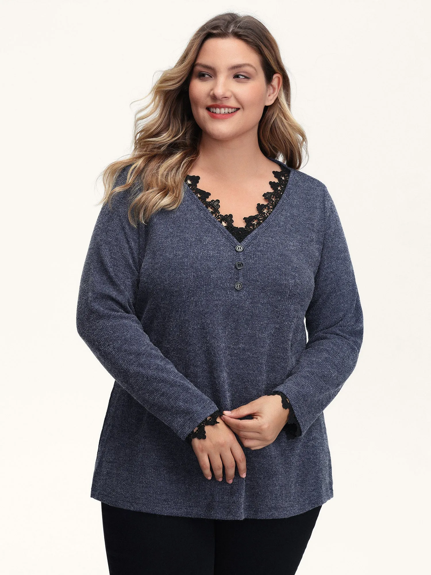 Lace V-Neckline Solid T-Shirt sold by Bloomchic