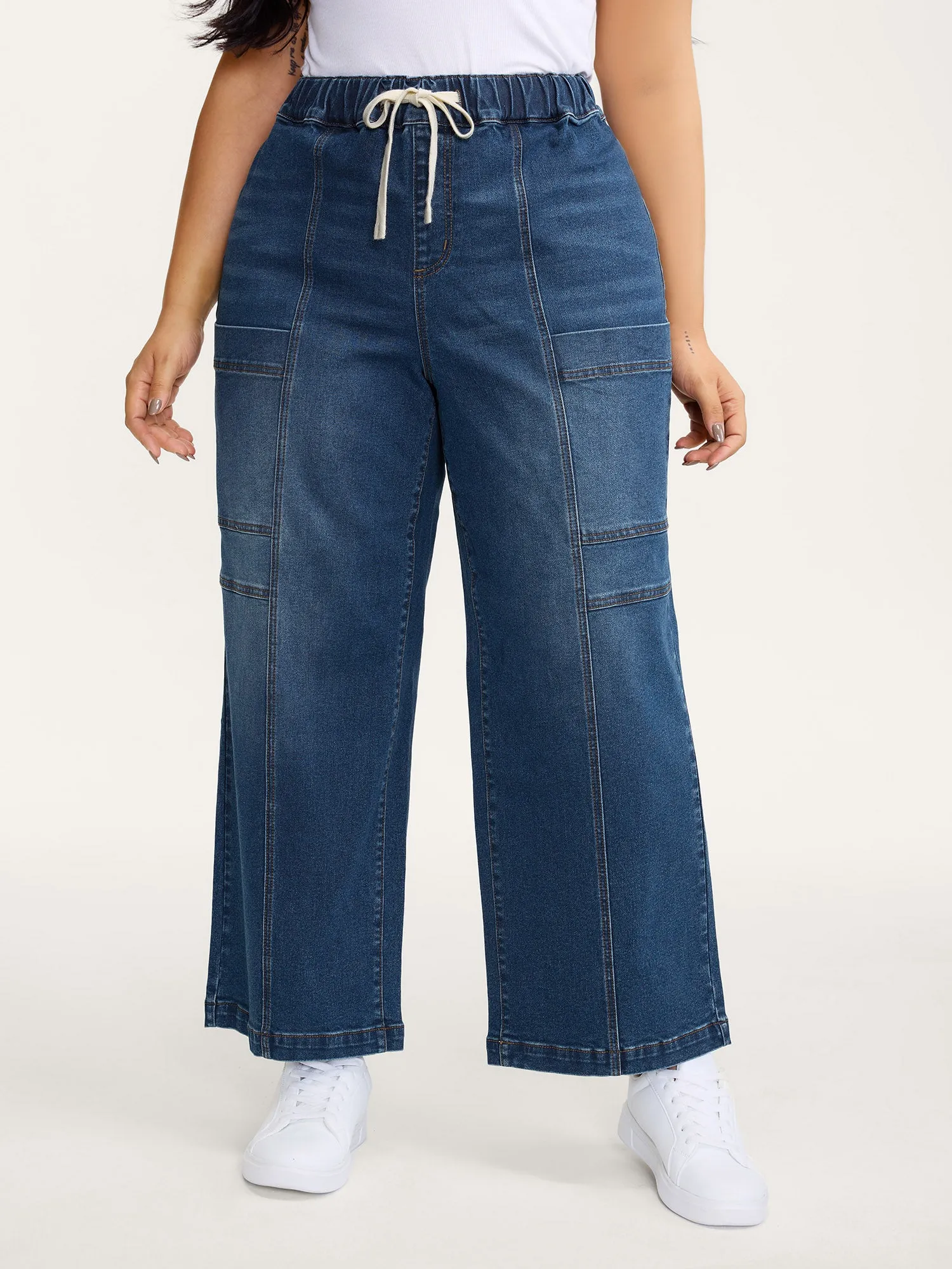 Stretchy Waist Drawstring Straight-Leg Jeans sold by Bloomchic product image thumbnail 3