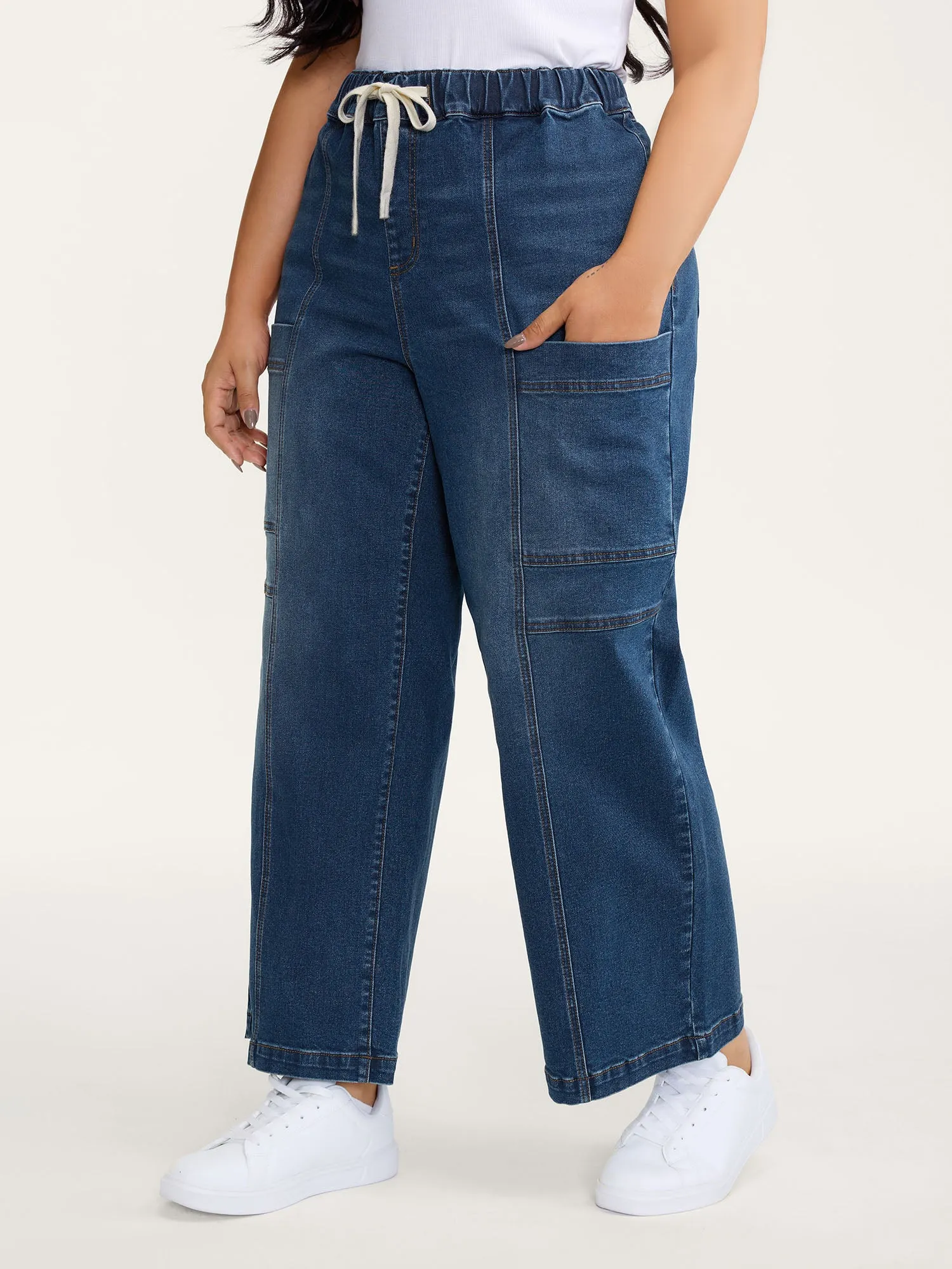 Stretchy Waist Drawstring Straight-Leg Jeans sold by Bloomchic