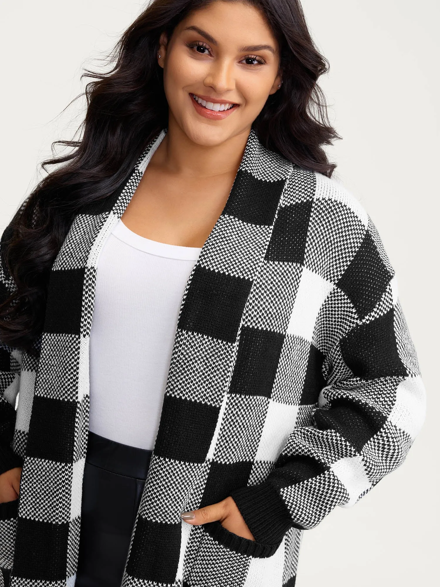 Checkered Jacquard Folded Collar Knit Cardigan sold by Bloomchic product image thumbnail 2