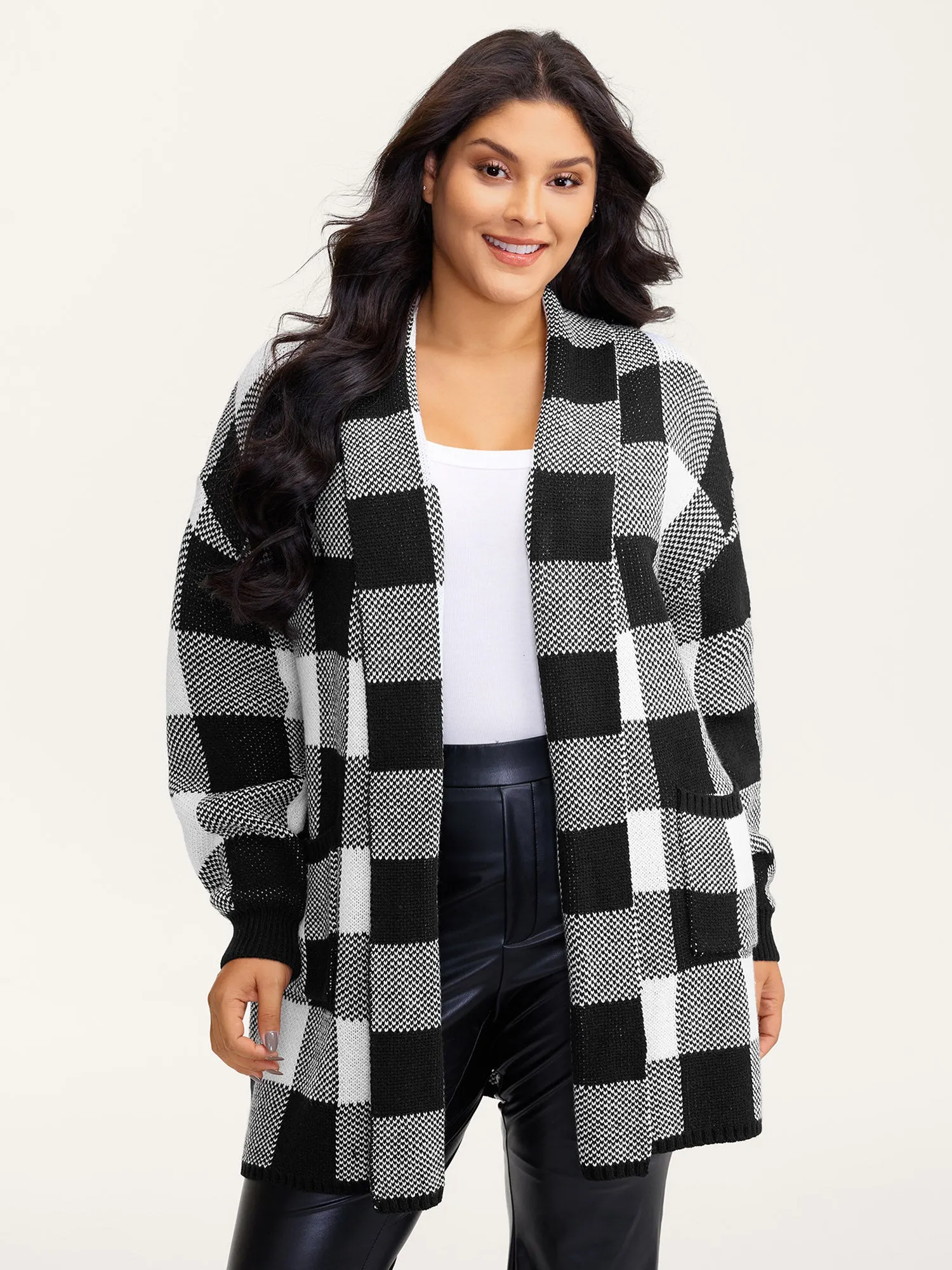 Checkered Jacquard Folded Collar Knit Cardigan sold by Bloomchic