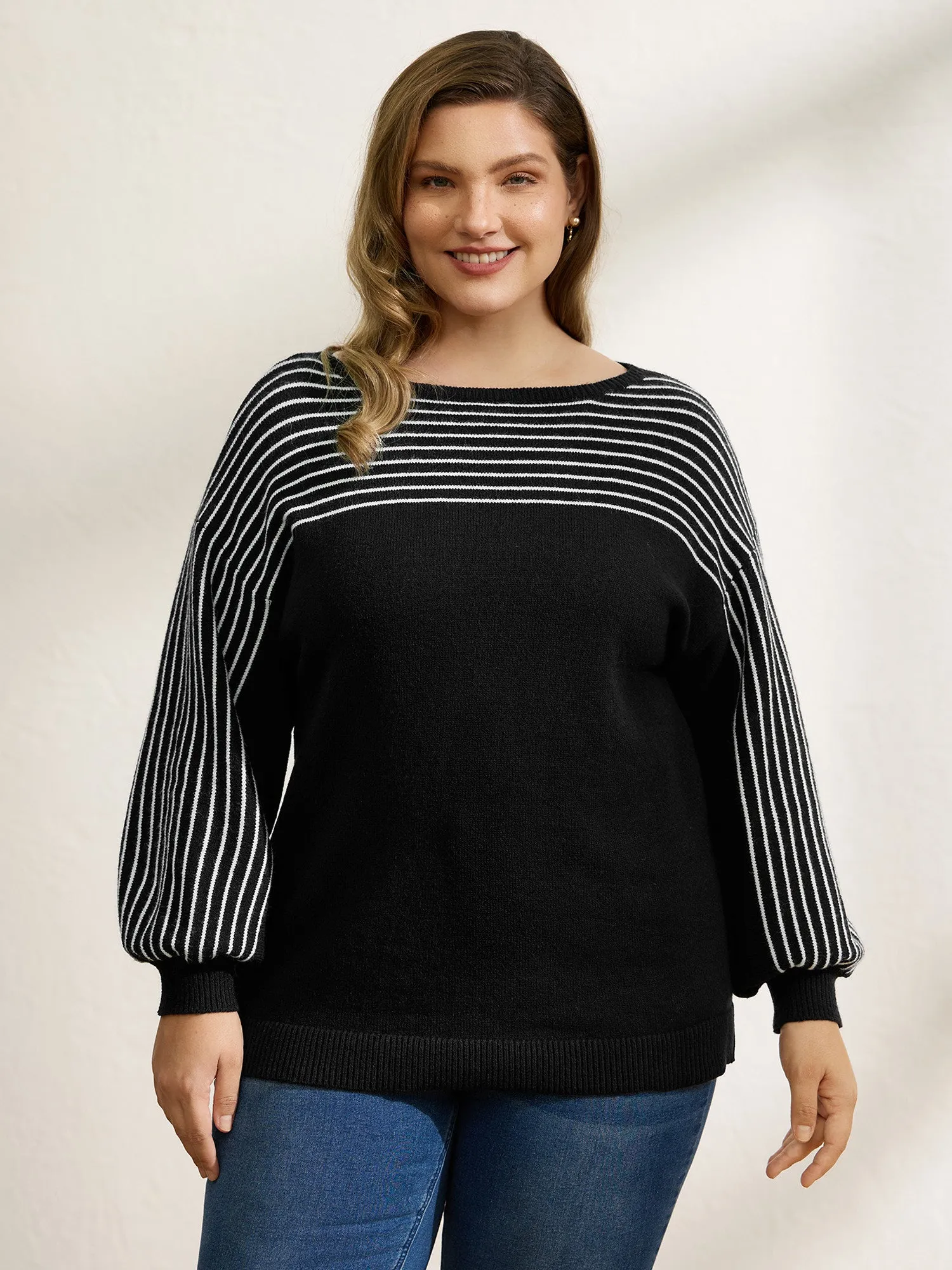 Stripe Boat Neck Balloon Sleeve Pullover sold by Bloomchic