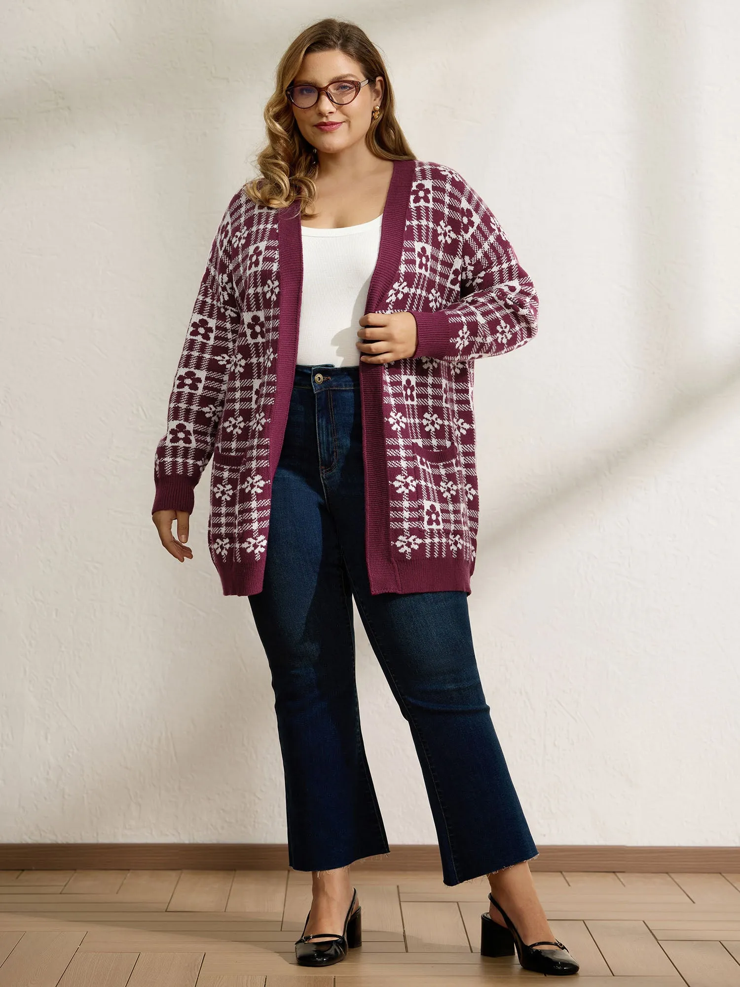 Supersoft Floral Checkered Pockets Knit Cardigan sold by Bloomchic product image thumbnail 3