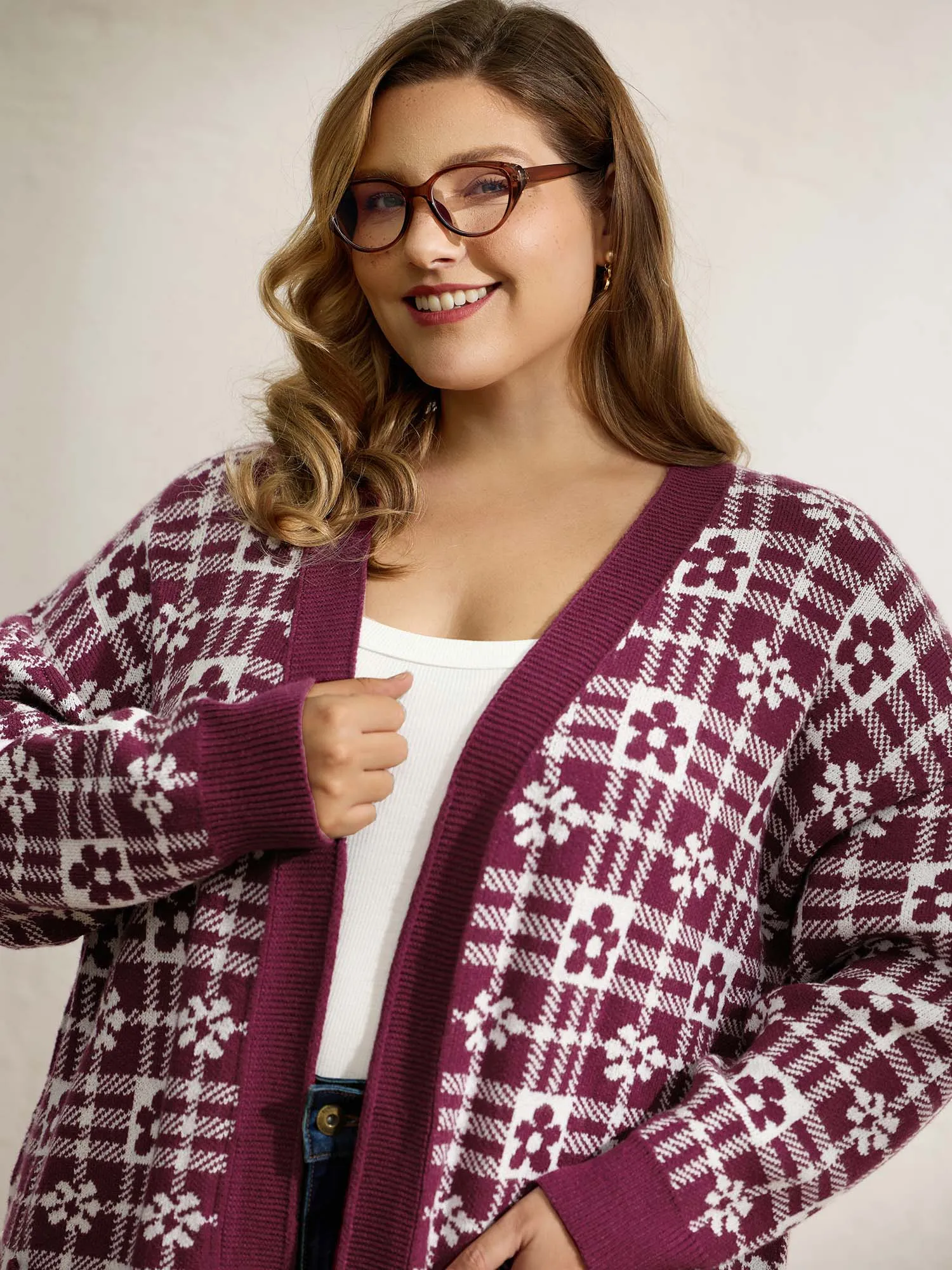 Supersoft Floral Checkered Pockets Knit Cardigan sold by Bloomchic product image thumbnail 2