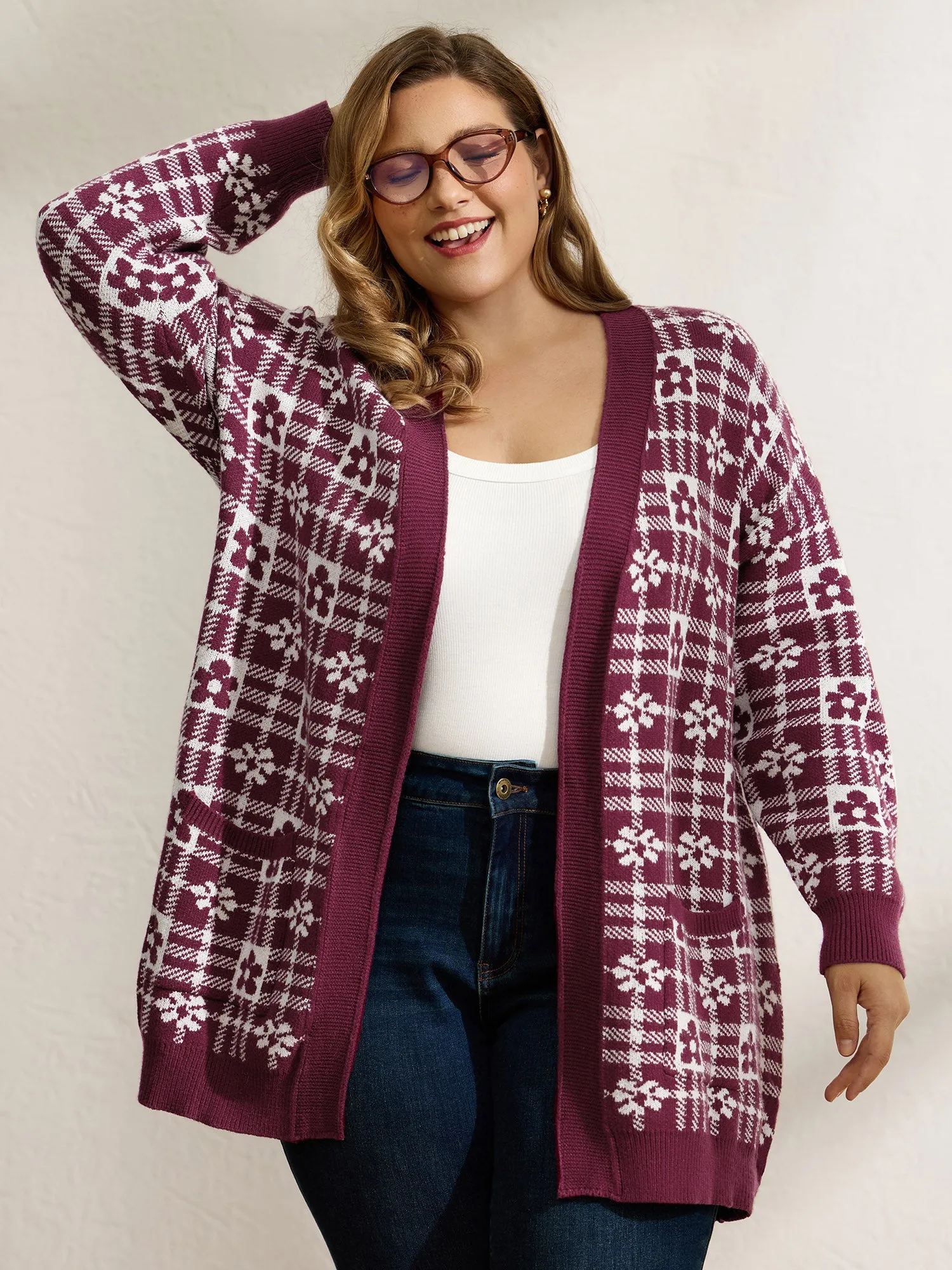 Supersoft Floral Checkered Pockets Knit Cardigan sold by Bloomchic
