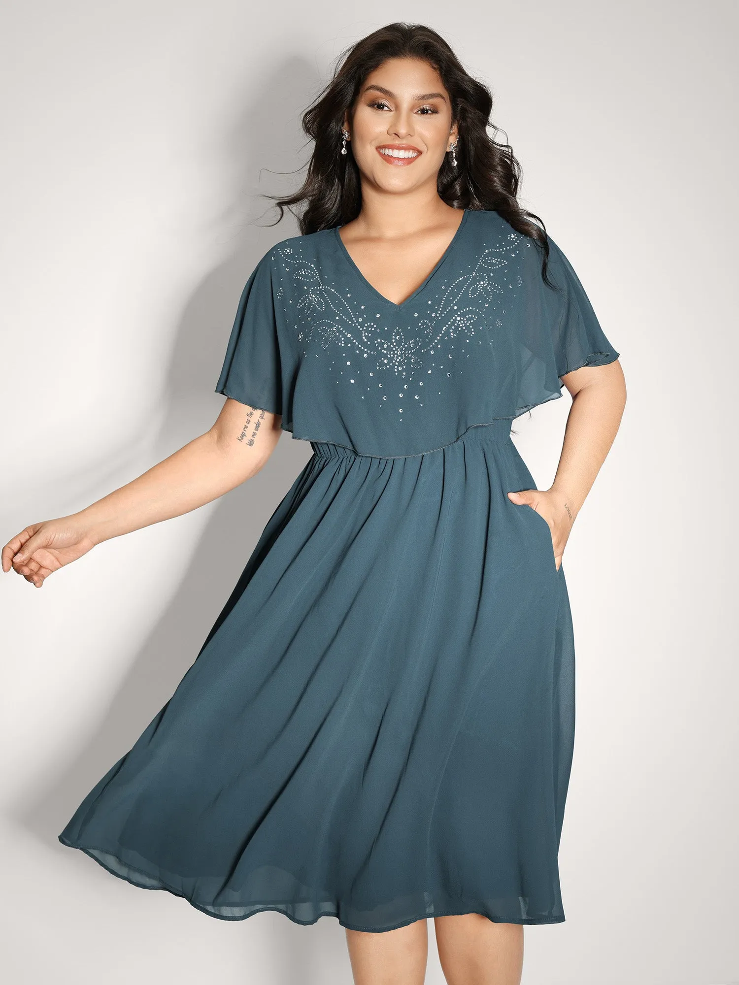 Shimmery Hotfix Rhinestone Layered Midi Dress sold by Bloomchic