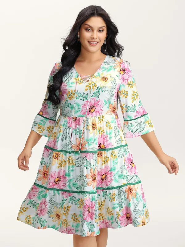 Floral Print Neck-Tie Tiered Knee Dress sold by Bloomchic