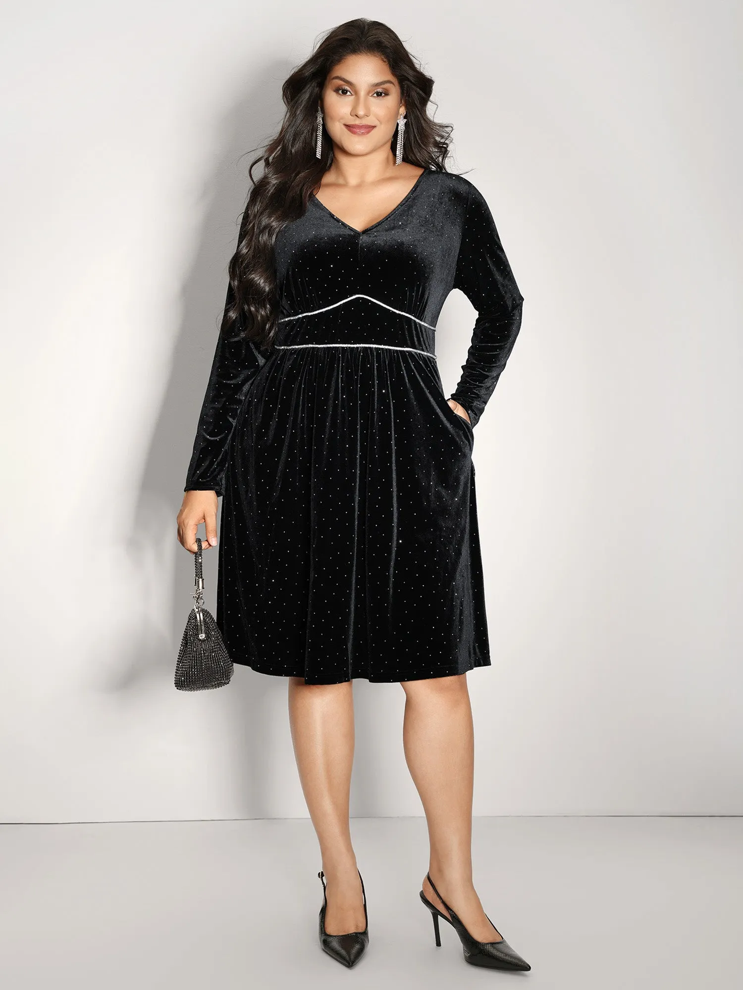 Velvet Rhinestone Cinched-Waist Pockets Midi Dress sold by Bloomchic product image thumbnail 3