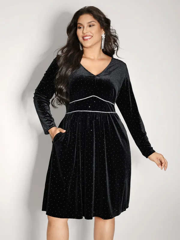 Velvet Rhinestone Cinched-Waist Pockets Midi Dress sold by Bloomchic