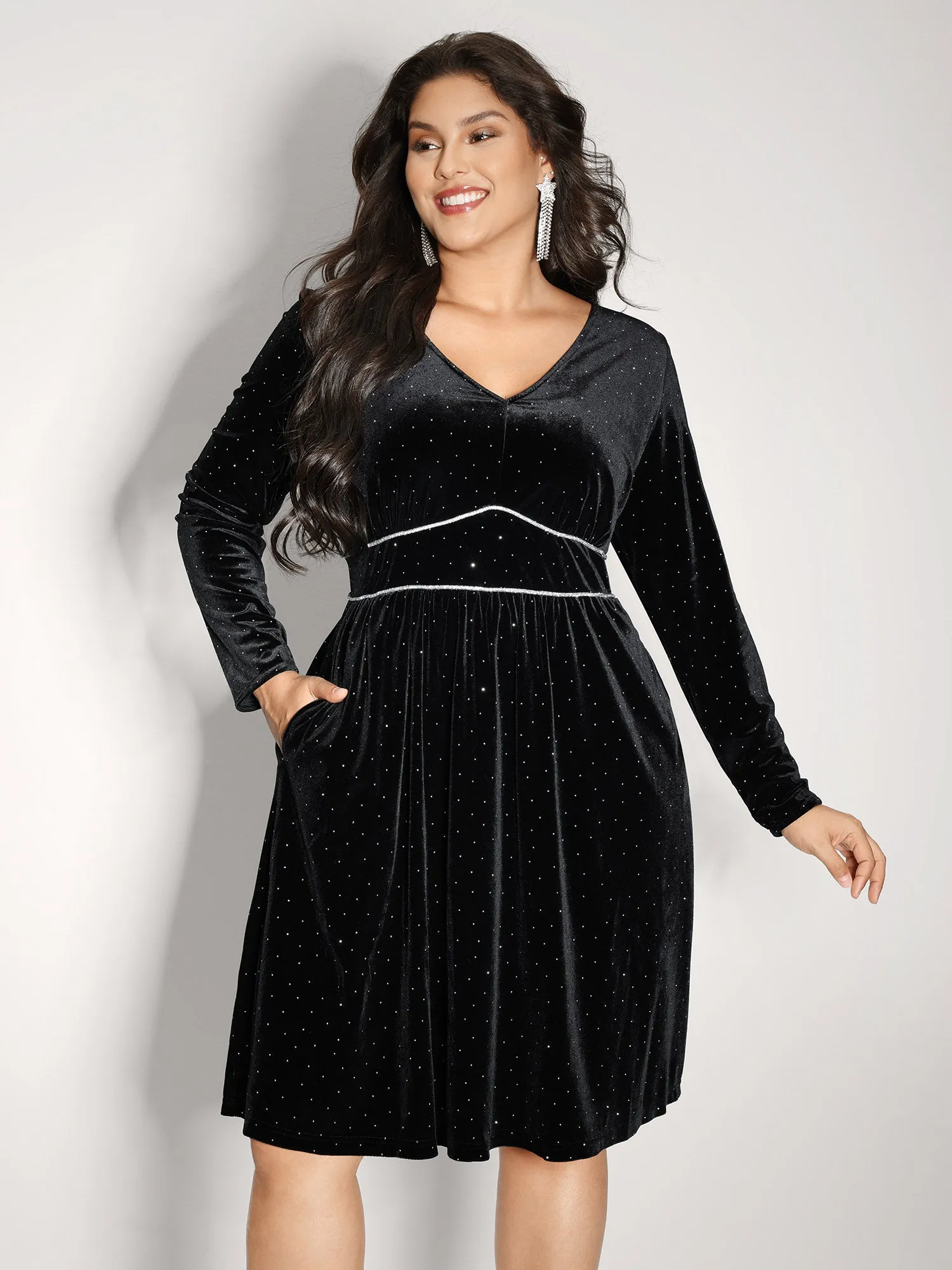 Velvet Rhinestone Cinched-Waist Pockets Midi Dress sold by Bloomchic