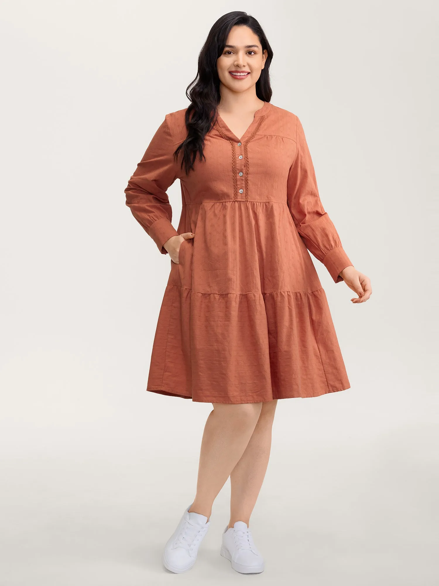 Cotton Textured Button Tiered Knee Dress sold by Bloomchic