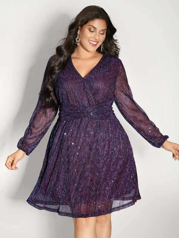 Shimmery Pleated-Waist Pockets Knee-Length Dress sold by Bloomchic