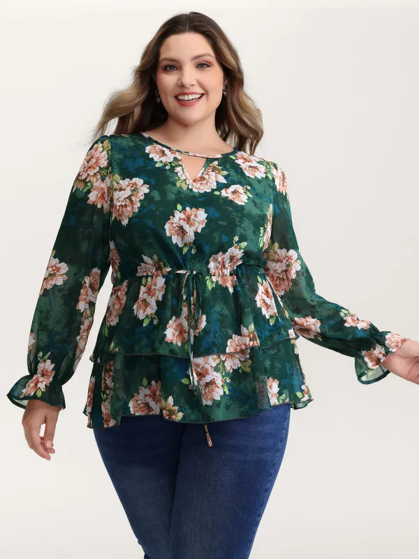 Sheer Floral Print Tie Flared Blouse sold by Bloomchic