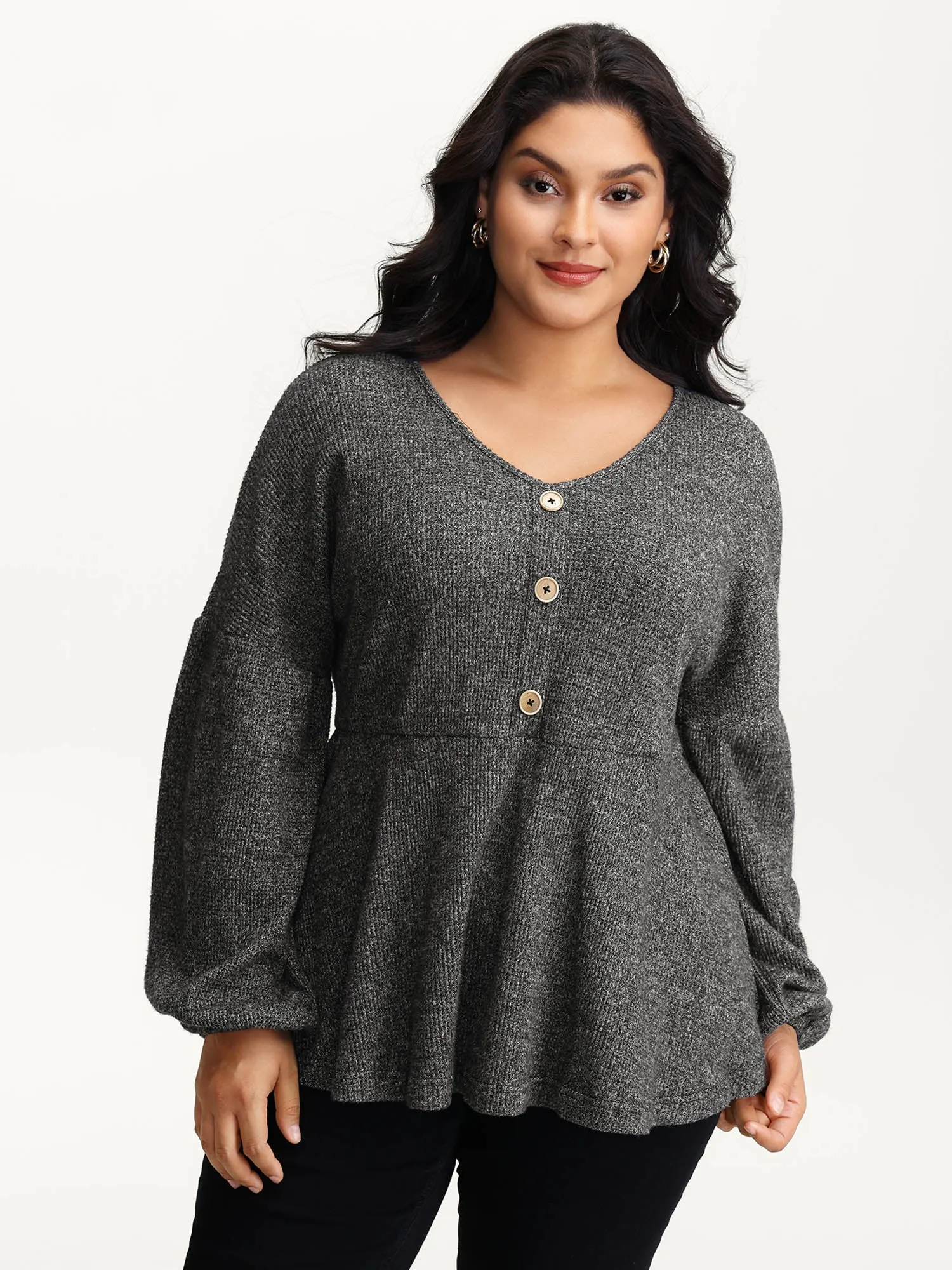 Supersoft Heather Stretchy Button Detail Knit Top sold by Bloomchic