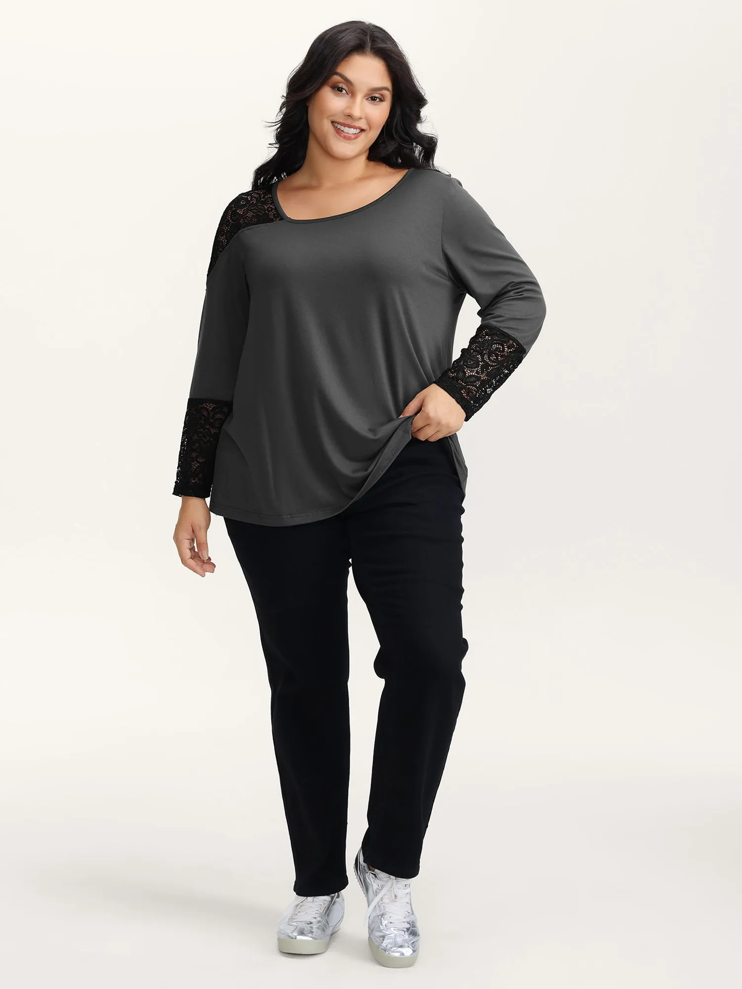 Supersoft Sheer Lace Solid T-Shirt sold by Bloomchic product image thumbnail 3