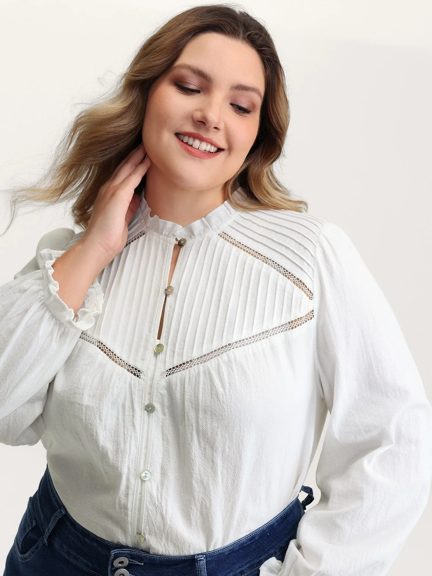 Pure Cotton Lace Trim Button Blouse sold by Bloomchic