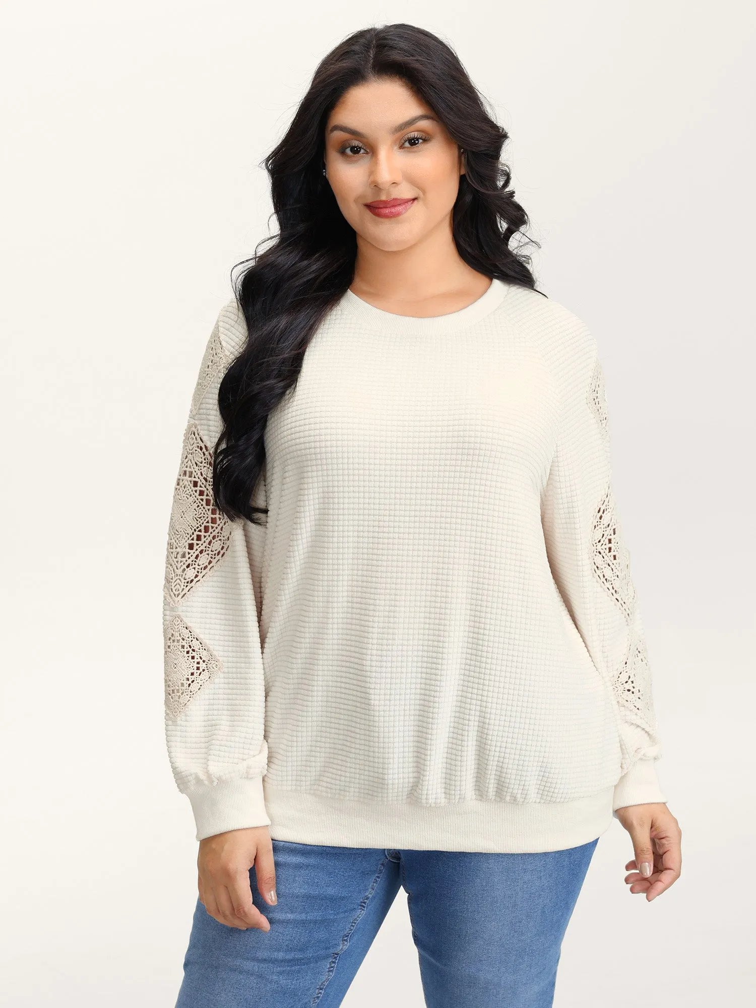 Lace Textured Sheer Sleeve Sweatshirt sold by Bloomchic product image thumbnail 3