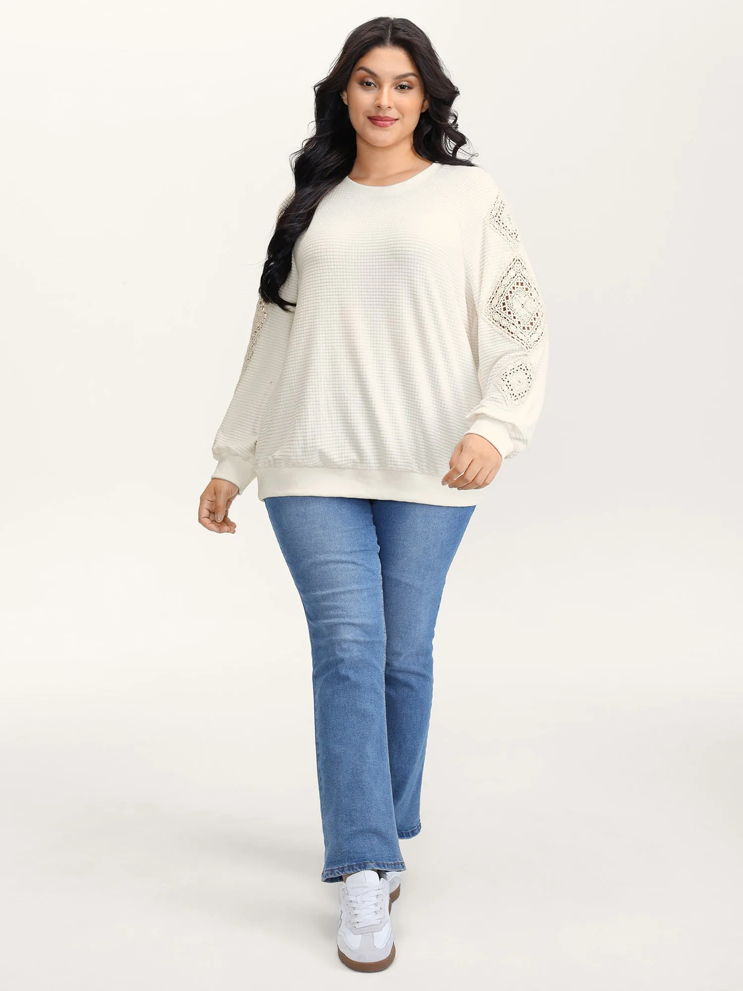 Lace Textured Sheer Sleeve Sweatshirt sold by Bloomchic product image thumbnail 4