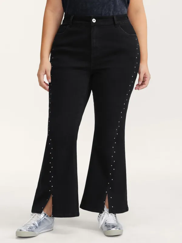 Rhinestone Mid-Rise Flared Hem Jeans sold by Bloomchic