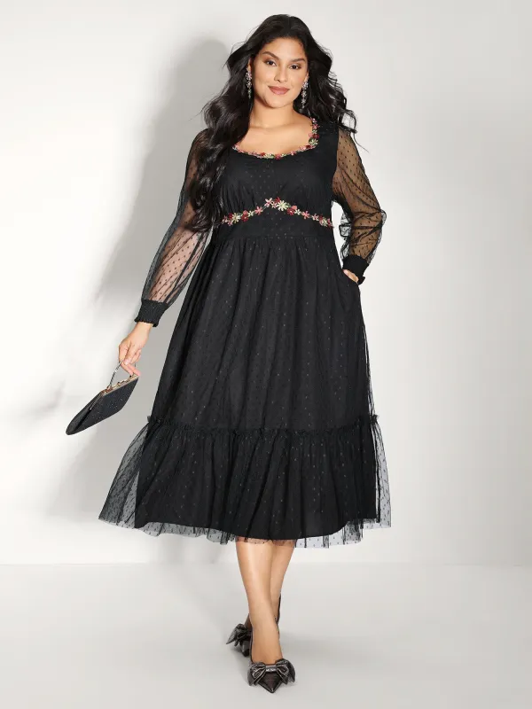 Floral Embroidery Sheer Detail Midi Dress sold by Bloomchic