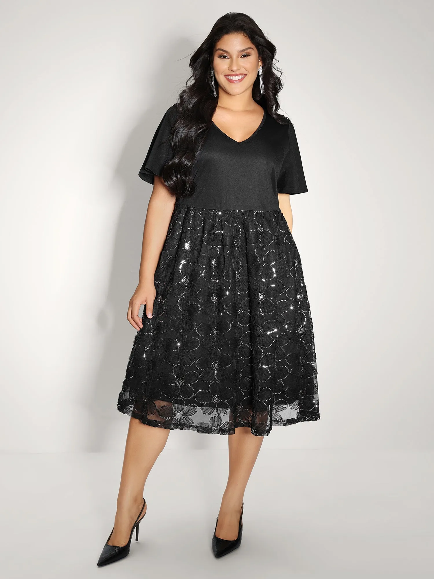 Sequin Embroidery Ruffled Sleeve Midi Dress sold by Bloomchic