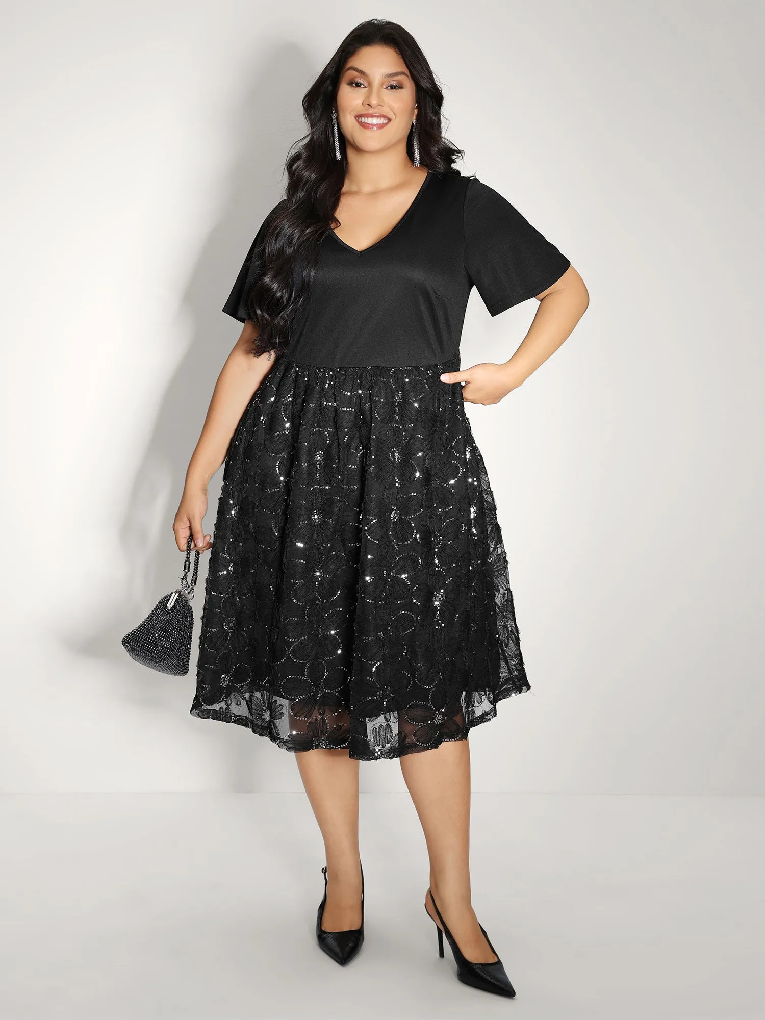 Sequin Embroidery Ruffled Sleeve Midi Dress sold by Bloomchic product image thumbnail 3
