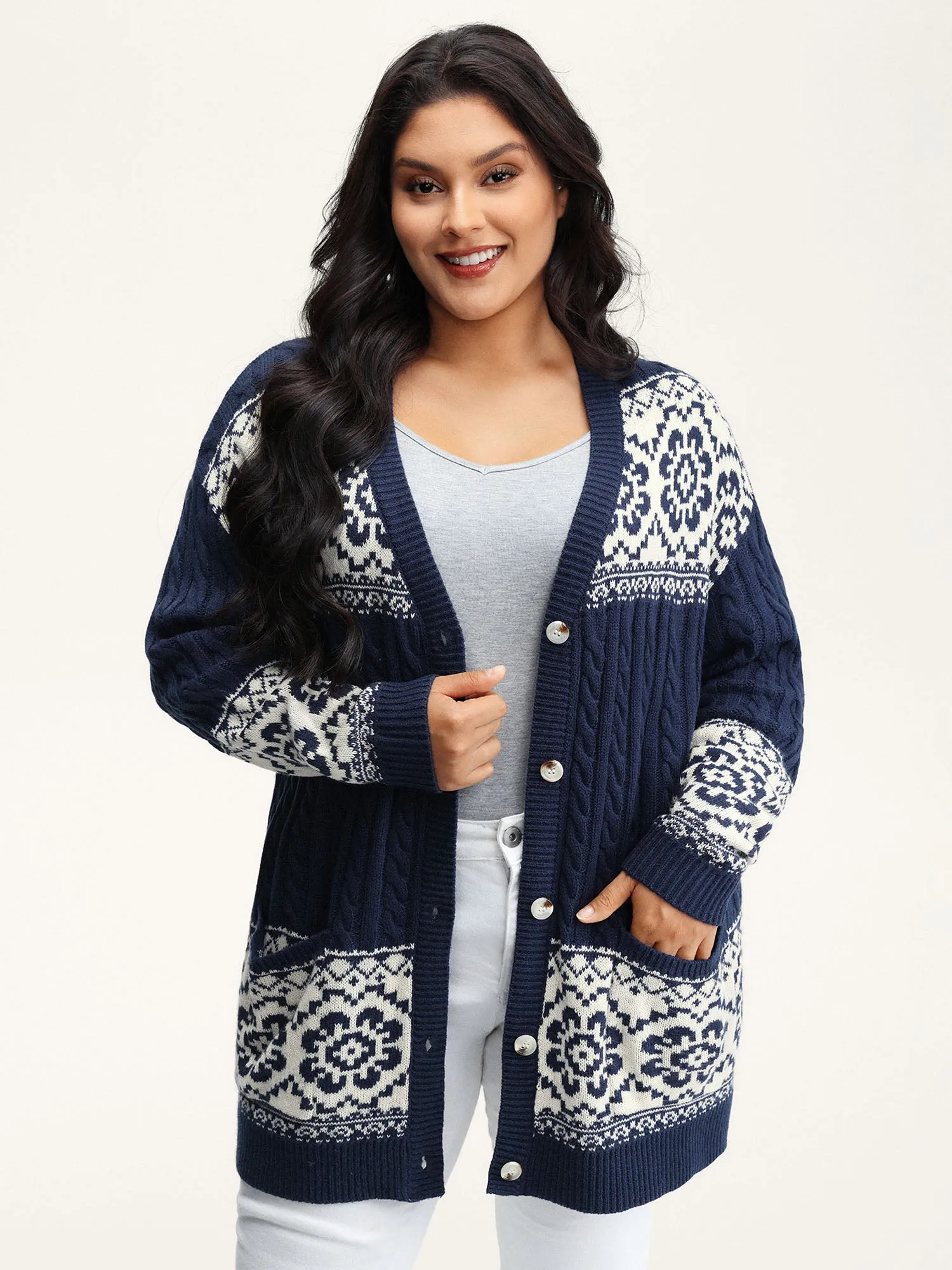 Cable Knit Floral Jacquard Pockets Knit Cardigan sold by Bloomchic