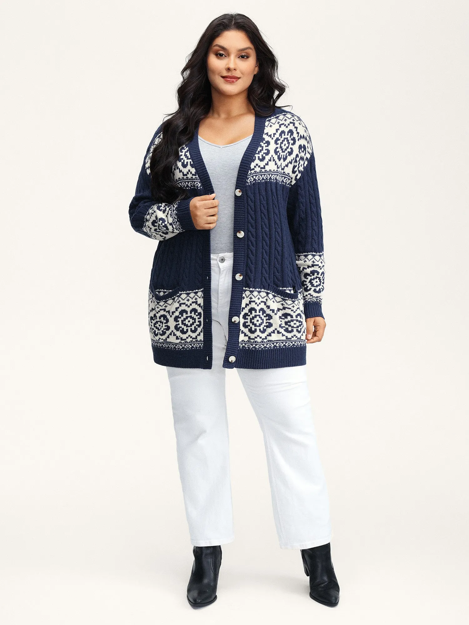 Cable Knit Floral Jacquard Pockets Knit Cardigan sold by Bloomchic product image thumbnail 3